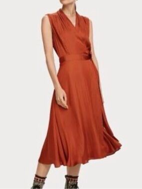 Scotch & Soda Maison Scotch Rust Orange Midi Dress Sleeveless V-Neck - Medium